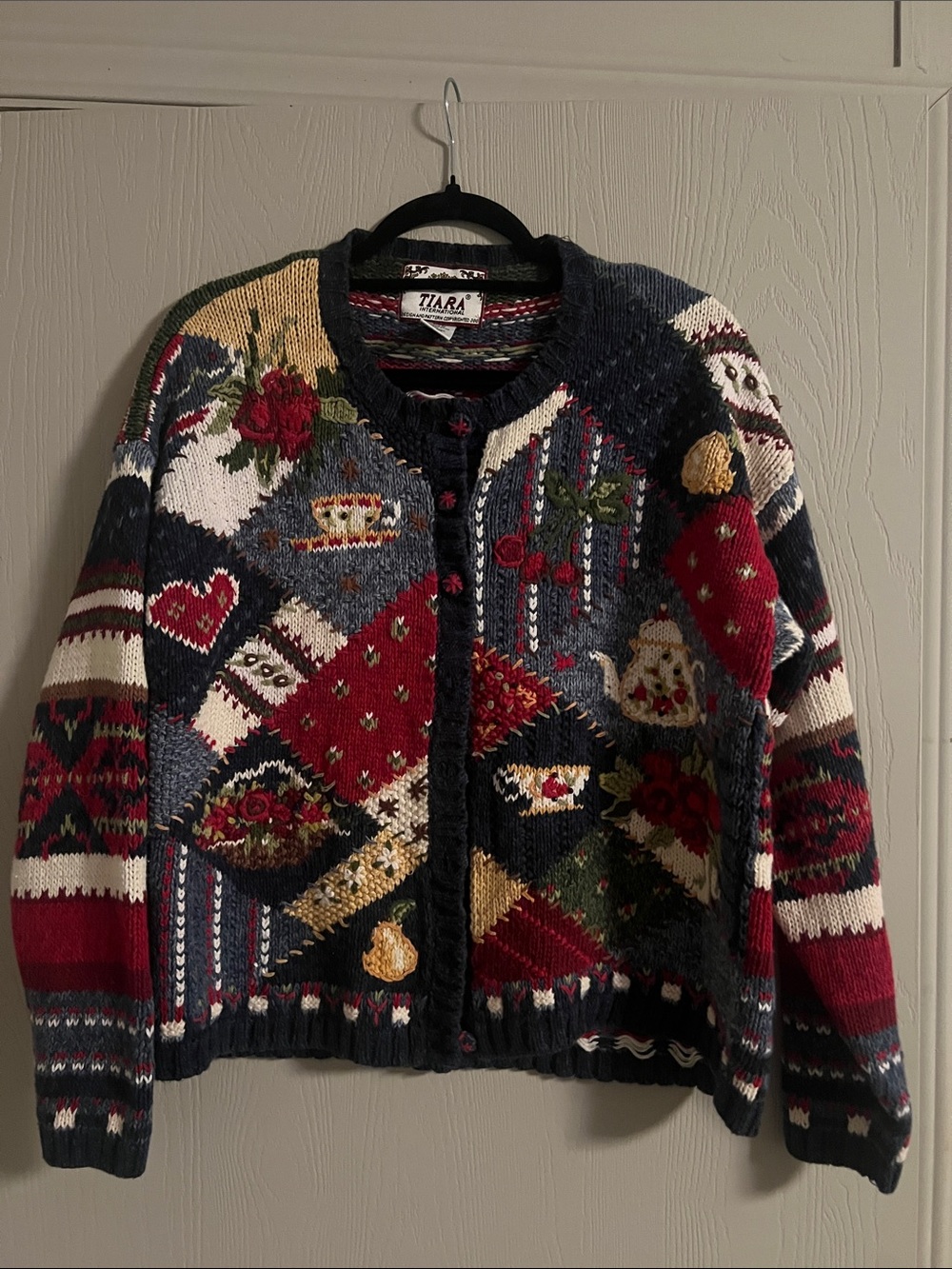 Vintage Tiara Embroidered Patchwork Knit Cardigan Size Medium